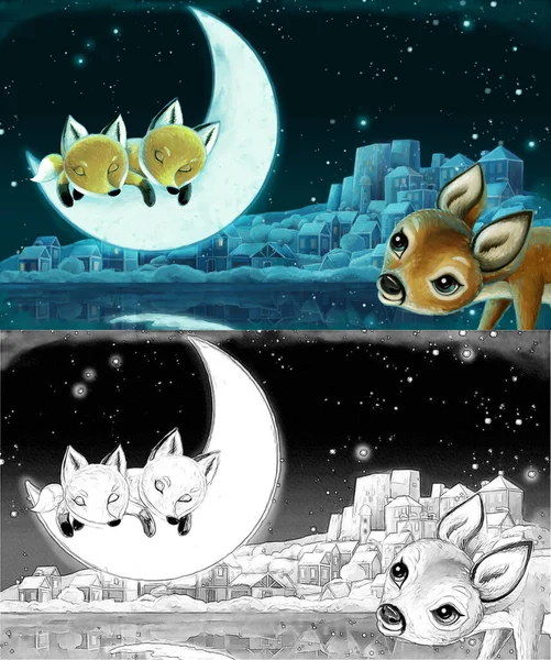 Desenho Animado Cena Com Animais Família Raposas Floresta Dormindo Noite — Fotografia de Stock