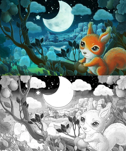 Cartoon Sketch Scene Forest Night Illustration Children — Stock Photo, Image