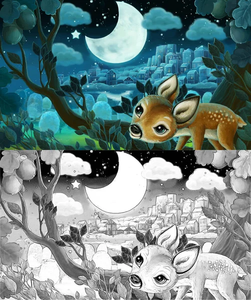 cartoon sketch scene with forest by night - illustration for children