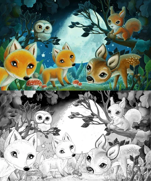 森林动物与夜间松鼠 猫头鹰 鹿等漫画场景 儿童图解 — 图库照片