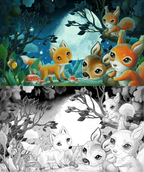 夜の森の動物と漫画のスケッチシーンリスのキツネのフクロウ鹿 子供のためのイラスト — ストック写真
