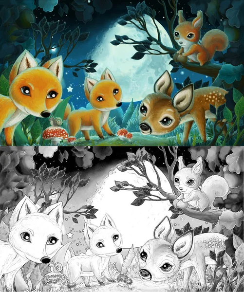 森林动物与夜间松鼠 猫头鹰 鹿等漫画场景 儿童图解 — 图库照片