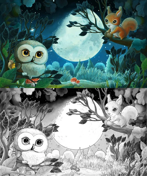 Desenho Animado Cena Com Animais Floresta Por Noite Esquilo Raposa — Fotografia de Stock