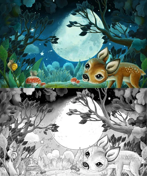连夜森林的卡通画场景 儿童图解 — 图库照片