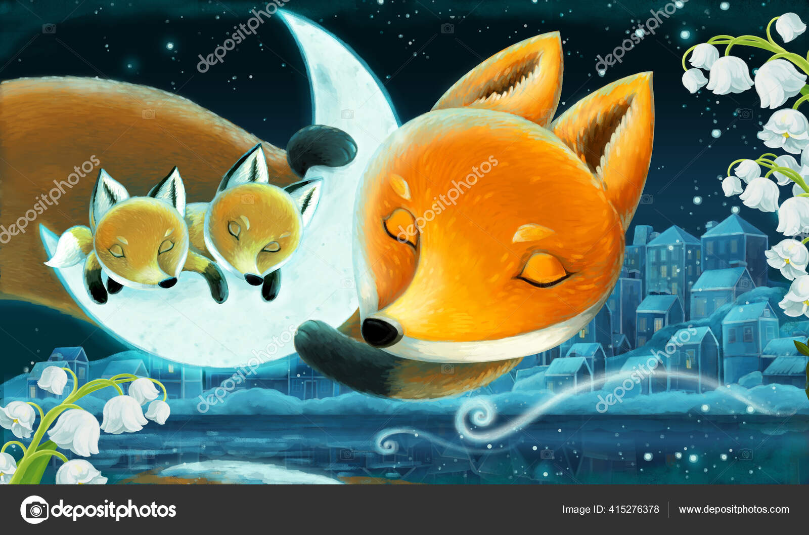Dessin Anime Avec Animaux Famille Renards Dans Foret Dormir Nuit Image Libre De Droit Par Illustrator Hft C