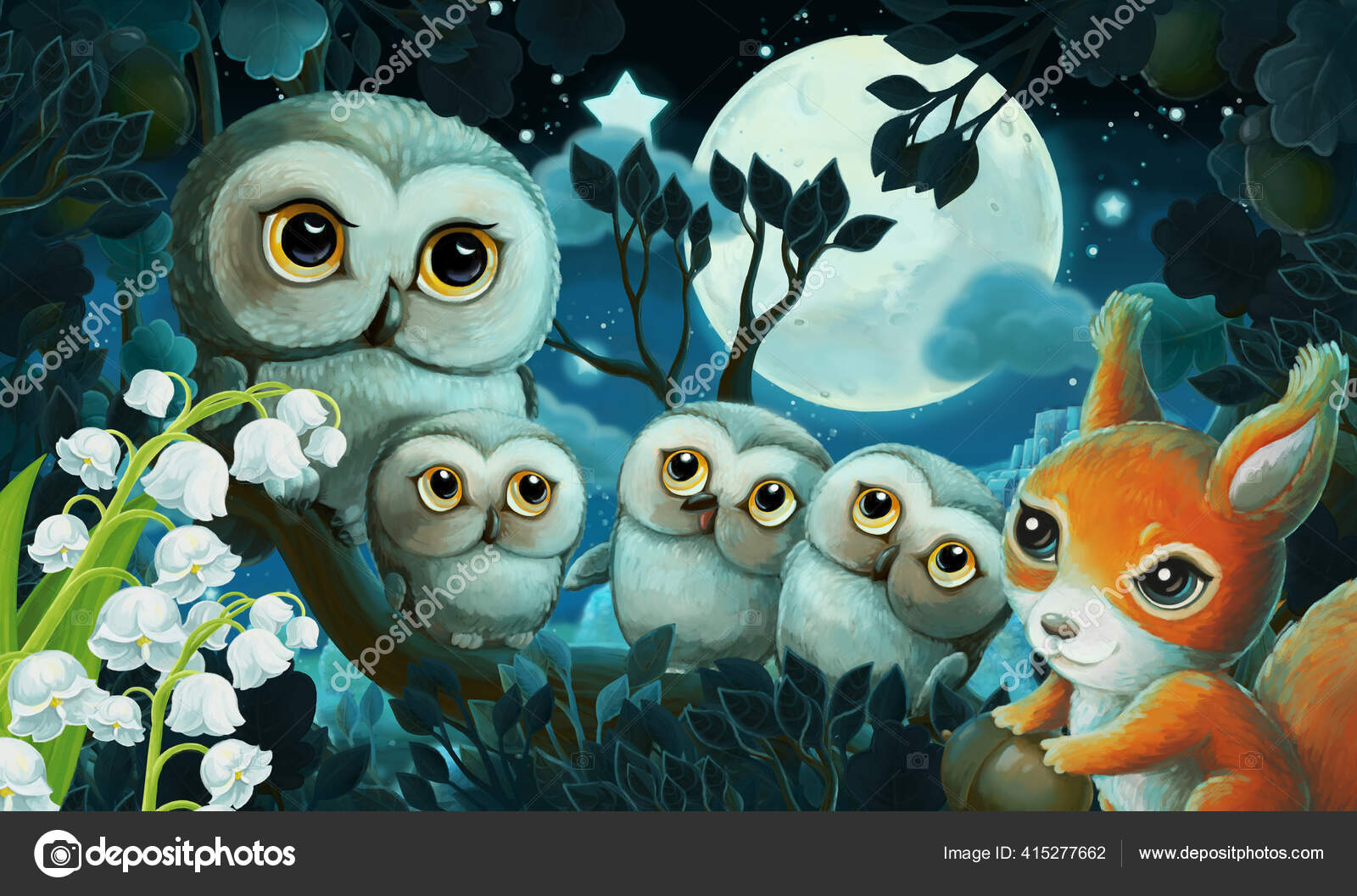 Gambar Kartun Dengan Burung Hantu Hutan Pada Malam Hari Ilustrasi