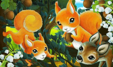 Şehrin dışındaki parkta çocuklar için ağaçta sincap resmi olan bir karikatür.