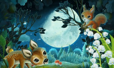 Geceleri orman hayvanlarıyla karikatür görüntüsü, sincap tilki baykuş geyiği - çocuklar için illüstrasyon
