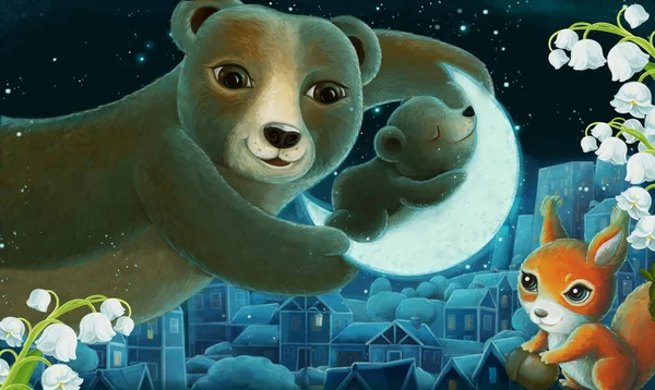 Rysunek Obraz Zwierzętami Rodzina Niedźwiedzie Śpi Nocy Ilustracja Dla Dzieci — Zdjęcie stockowe