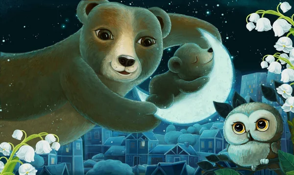 Rysunek Obraz Zwierzętami Rodzina Niedźwiedzie Śpi Nocy Ilustracja Dla Dzieci — Zdjęcie stockowe