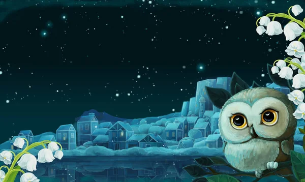 夜の湖で都市と漫画のイメージ 子供のためのイラスト — ストック写真