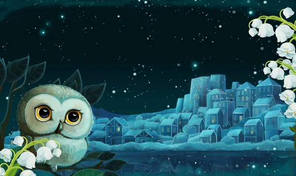 Kreslený Obrázek Městem Jezera Noci Ilustrace Pro Děti — Stock fotografie