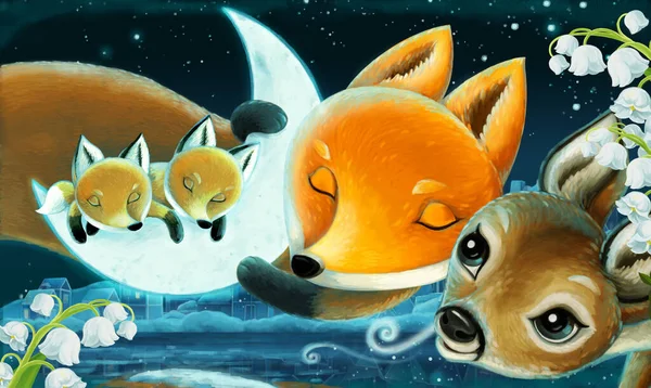 夜になると森の中で狐の家族が寝ている姿を描いた漫画です — ストック写真