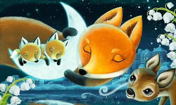 Imagen Dibujos Animados Con Animales Familia Zorros Bosque Durmiendo Por —  Fotos de Stock