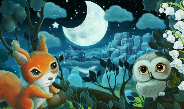 Geceleri Ormanın Içinde Baykuşlu Karikatür Resmi Çocuklar Için Çizim — Stok fotoğraf