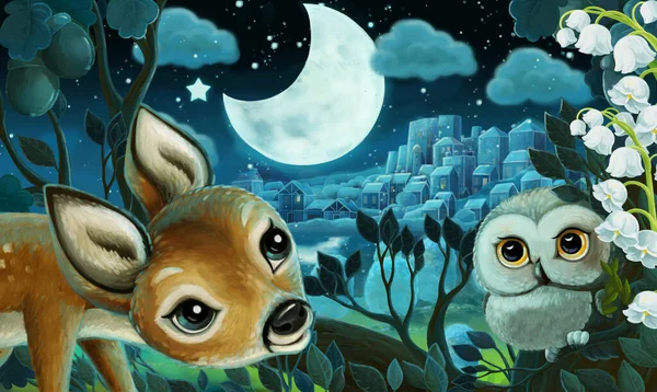 Imagen Dibujos Animados Con Búho Bosque Por Noche Ilustración Para — Foto de Stock