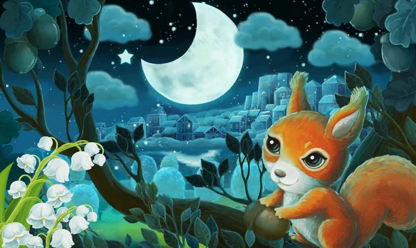 Imagen Dibujos Animados Con Bosque Por Noche Ilustración Para Niños —  Fotos de Stock