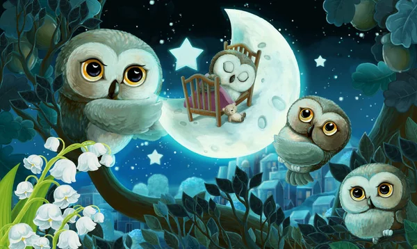夜间森林里有猫头鹰的卡通画 儿童图解 — 图库照片