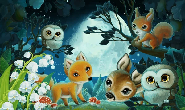 Imagen Dibujos Animados Con Animales Del Bosque Por Noche Zorro —  Fotos de Stock