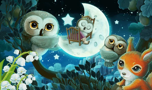 夜までに森の中のフクロウと漫画のイメージ 子供のためのイラスト — ストック写真