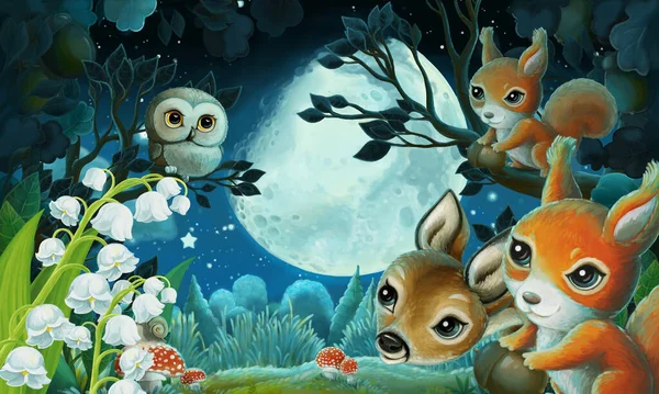 cartoon image with forest animals by night squirrel fox owl deer - illustration for children