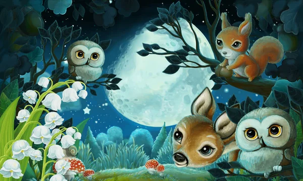 Cartoon Image Forest Animals Night Squirrel Fox Owl Deer Illustration — Stock Photo, Image