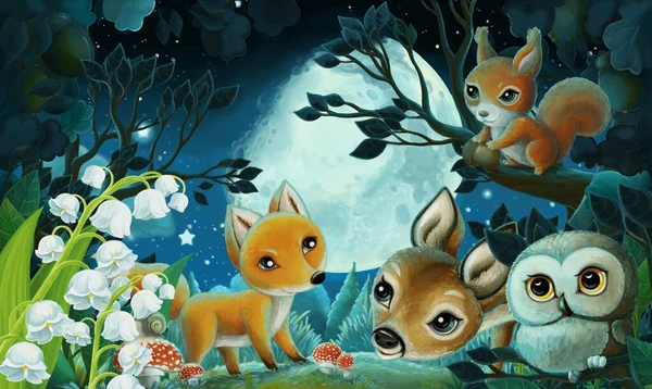 Cartoon Image Forest Animals Night Squirrel Fox Owl Deer Illustration — Stock Photo, Image