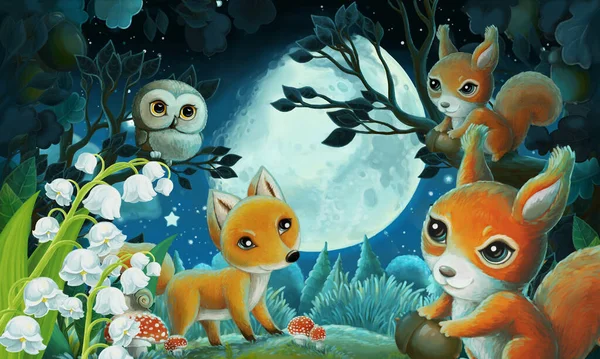 Cartoon Image Forest Animals Night Squirrel Fox Owl Deer Illustration — Stock Photo, Image