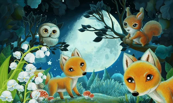 cartoon image with forest animals by night squirrel fox owl deer - illustration for children