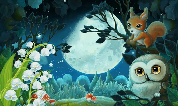 Rysunkowy Obraz Zwierzętami Leśnymi Nocą Sowa Lisia Wiewiórka Ilustracja Dla — Zdjęcie stockowe