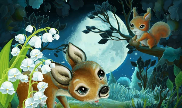 Immagine Del Cartone Animato Con Animali Della Foresta Notte Scoiattolo — Foto Stock