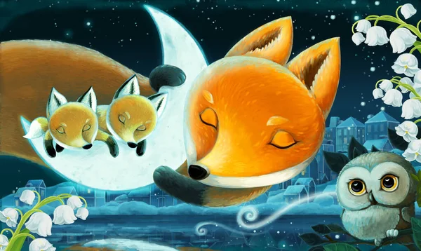 Kreslený Obrázek Zvířaty Rodina Lišek Lese Spánek Noci Ilustrace Pro — Stock fotografie