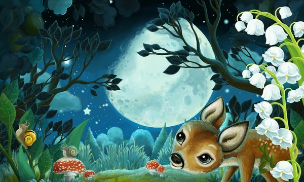 Imagen Dibujos Animados Con Bosque Por Noche Ilustración Para Niños — Foto de Stock