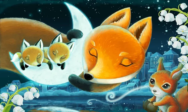 Rysunkowy Obraz Zwierzętami Rodzina Lisów Lesie Śpi Nocy Ilustracja Dla — Zdjęcie stockowe