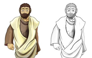 Romalı ya da Yunan karakterli savaşçı ya da gladyatörün beyaz arka planda çizim sahnesi - çocuklar için illüstrasyon