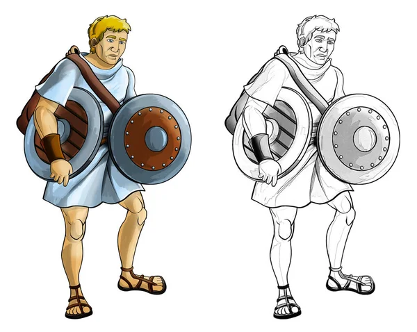cartoon sketch scene with roman or greek ancient character warrior or gladiator on white background - illustration for children