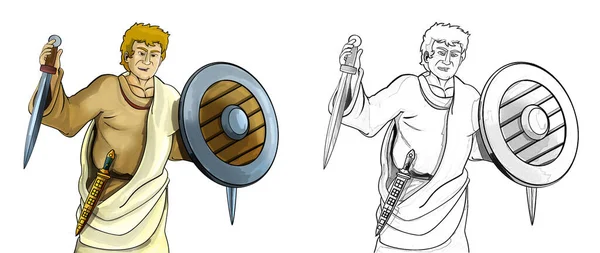 Desenho Animado Cena Esboço Com Romano Grego Antigo Personagem Guerreiro — Fotografia de Stock