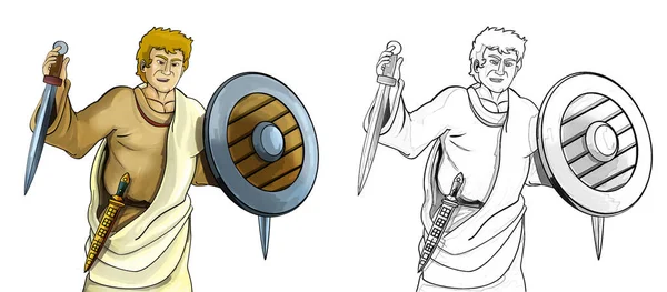 cartoon sketch scene with roman or greek ancient character warrior or gladiator on white background - illustration for children