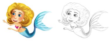 Beyaz arka planda yüzen güzel prenses denizkızının olduğu karikatür sahnesi - çocuklar için çizim