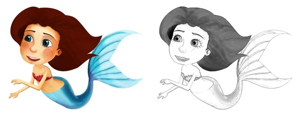 Desenho Animado Cena Com Bela Princesa Sereia Nadando Fundo Branco — Fotografia de Stock