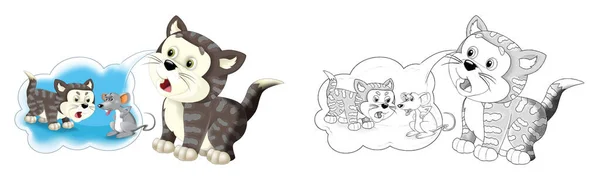 Dibujos Animados Divertida Granja Rancho Animal Gato Con Boceto Ilustración — Foto de Stock