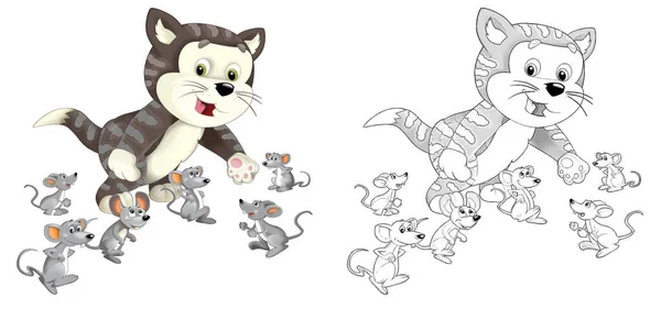 Dessin Animé Drôle Ferme Ranch Chat Animal Avec Croquis Illustration — Photo