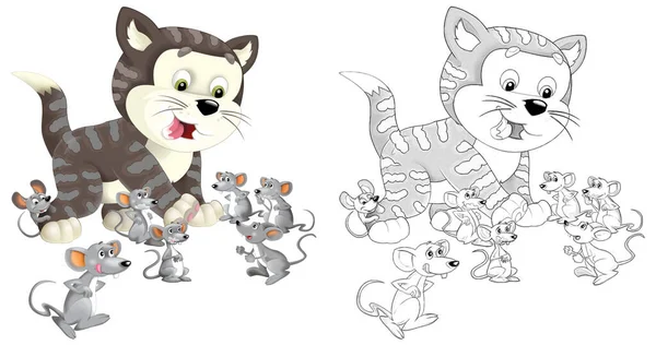 卡通画有趣农场动物猫与草图 儿童插图 — 图库照片