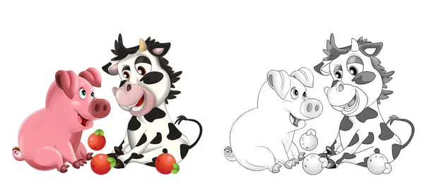 Γελοιογραφία Ευτυχής Αγρόκτημα Ζώων Χαρούμενα Αγρόκτημα Αγελάδα Ράντσο Σκίτσο Εικονογράφηση — Φωτογραφία Αρχείου