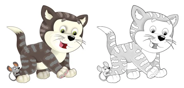 Desenhos Animados Engraçado Fazenda Animal Gato Com Esboço Ilustração Para — Fotografia de Stock