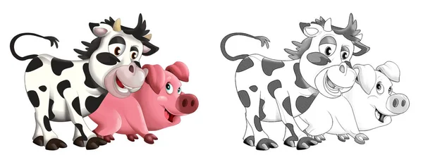 卡通画快乐农场动物快乐农场奶牛与儿童草图 — 图库照片