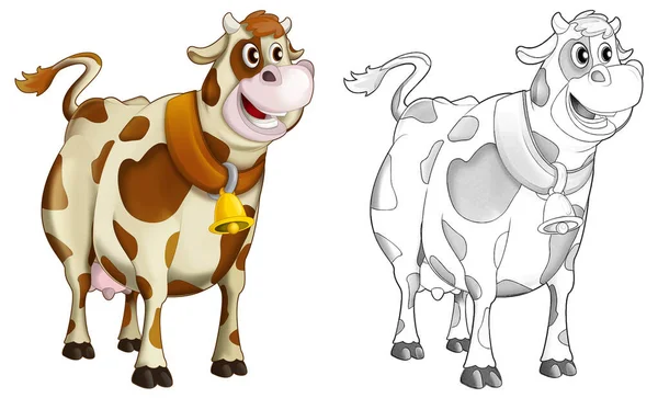 卡通画快乐农场动物快乐农场奶牛与儿童草图 — 图库照片