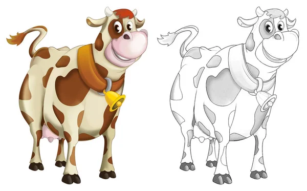 Γελοιογραφία Ευτυχής Αγρόκτημα Ζώων Χαρούμενα Αγρόκτημα Αγελάδα Ράντσο Σκίτσο Εικονογράφηση — Φωτογραφία Αρχείου
