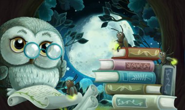 akıllı baykuşlu karikatür gece kitap ormanı - çocuklar için çizim