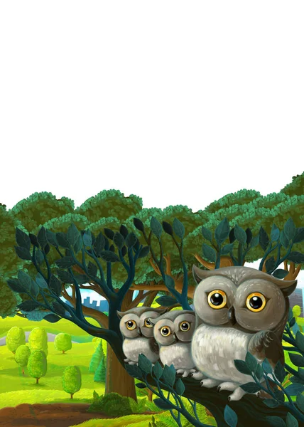 Cartoon Scene Owl Forest Day Illustration Children — Stock Photo, Image